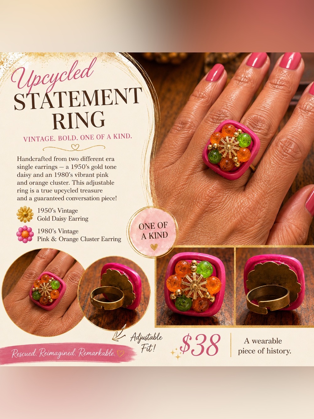 Upcycled Pink & Orange Statement Ring - One of a Kind  50’s and 80’s Earrings